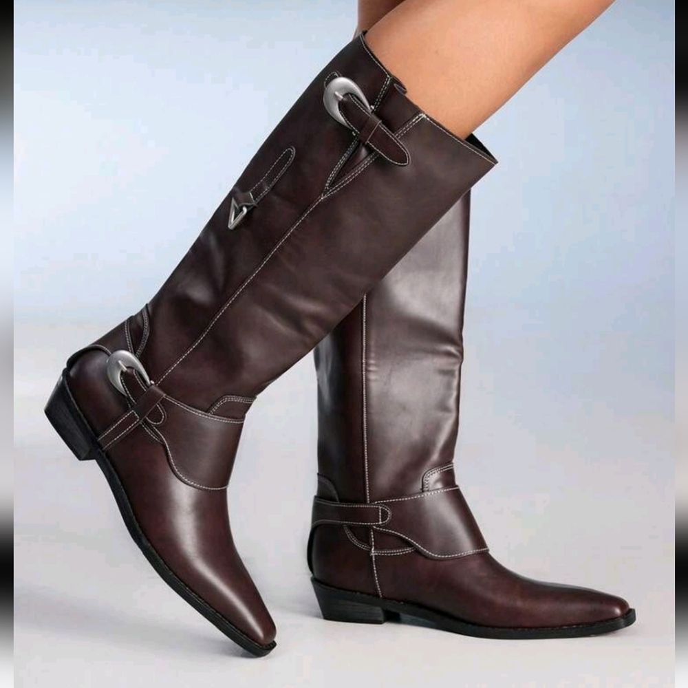 Women's Bronze Slip-On Pointed Toe Vintage Chunky Heel Mid-Calf Cowboy Boots